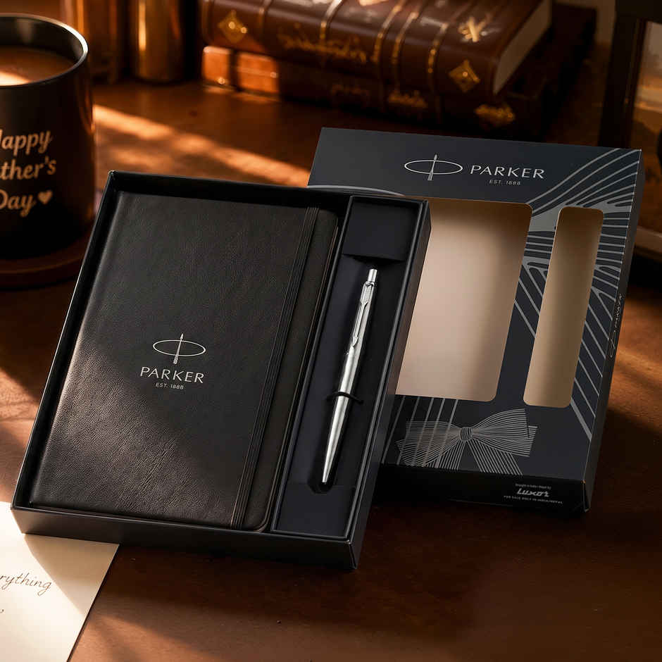 Parker Classic Stainless Steel Chrome Trim Ball Pen & Grey Notebook | Elegant Gift Set