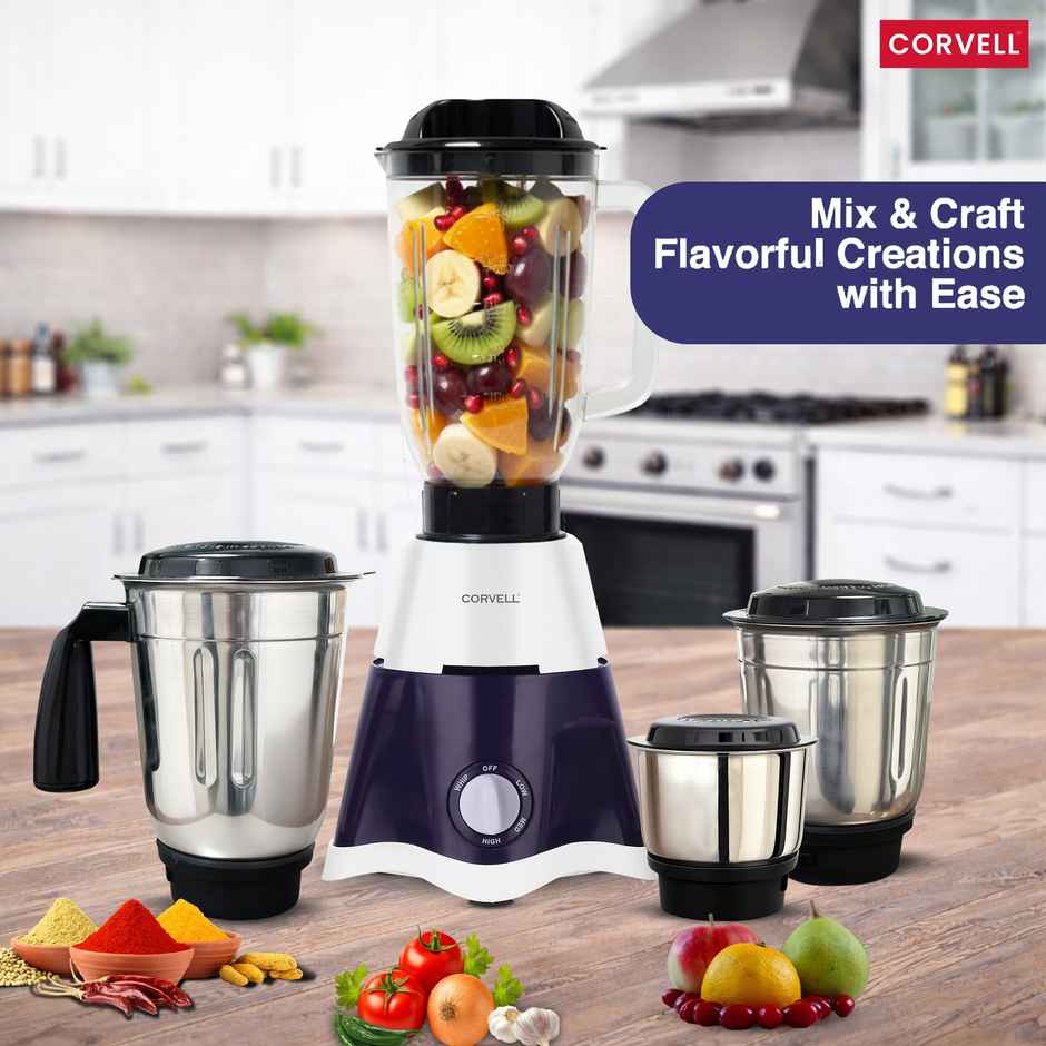 CORVELL Nutrimaxx 750W Blue Mixer Grinder for Kitchen | 4 Stainless Steel Jars | Blender | Grinder