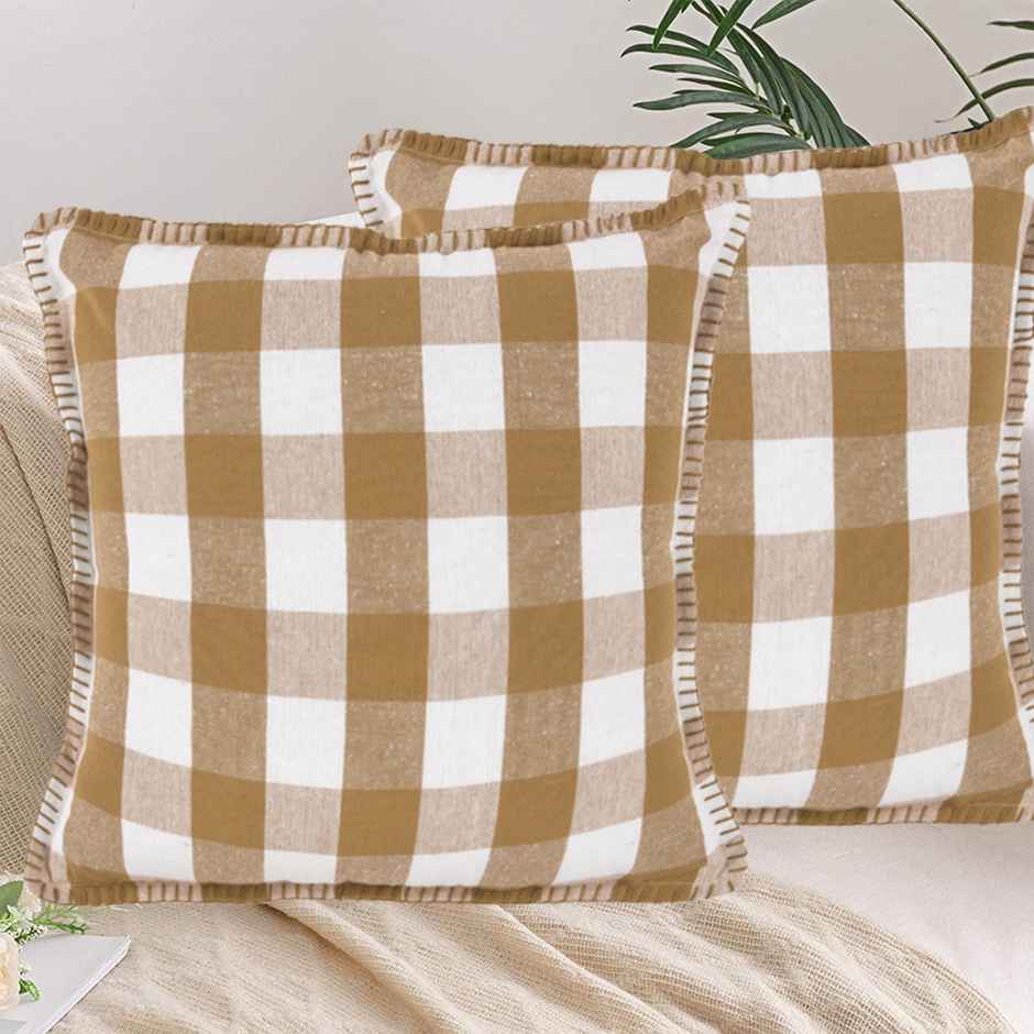 Lushomes Cotton Cushion Covers - Beige White Checks | Blanket Stitch | 24 x 24 inch