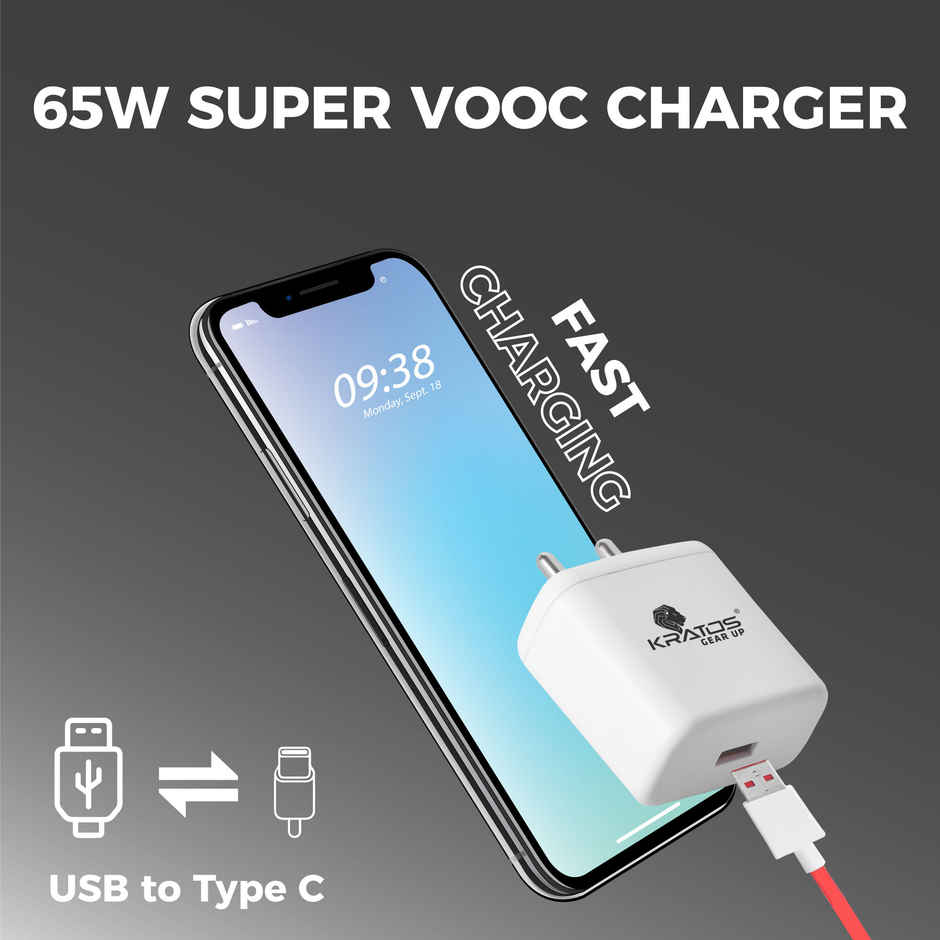 Kratos 65W Fast Charger with USB A to Type C Cable | For OnePlus, Realme, Redmi, Oppo, Vivo