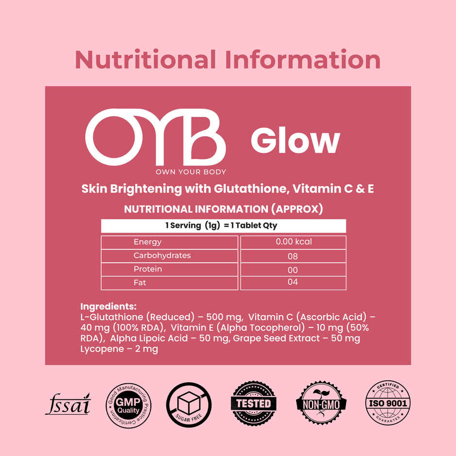 OYB Glow-Skin Brightening with Glutathione, Vitamin C & E | 30 Capsules