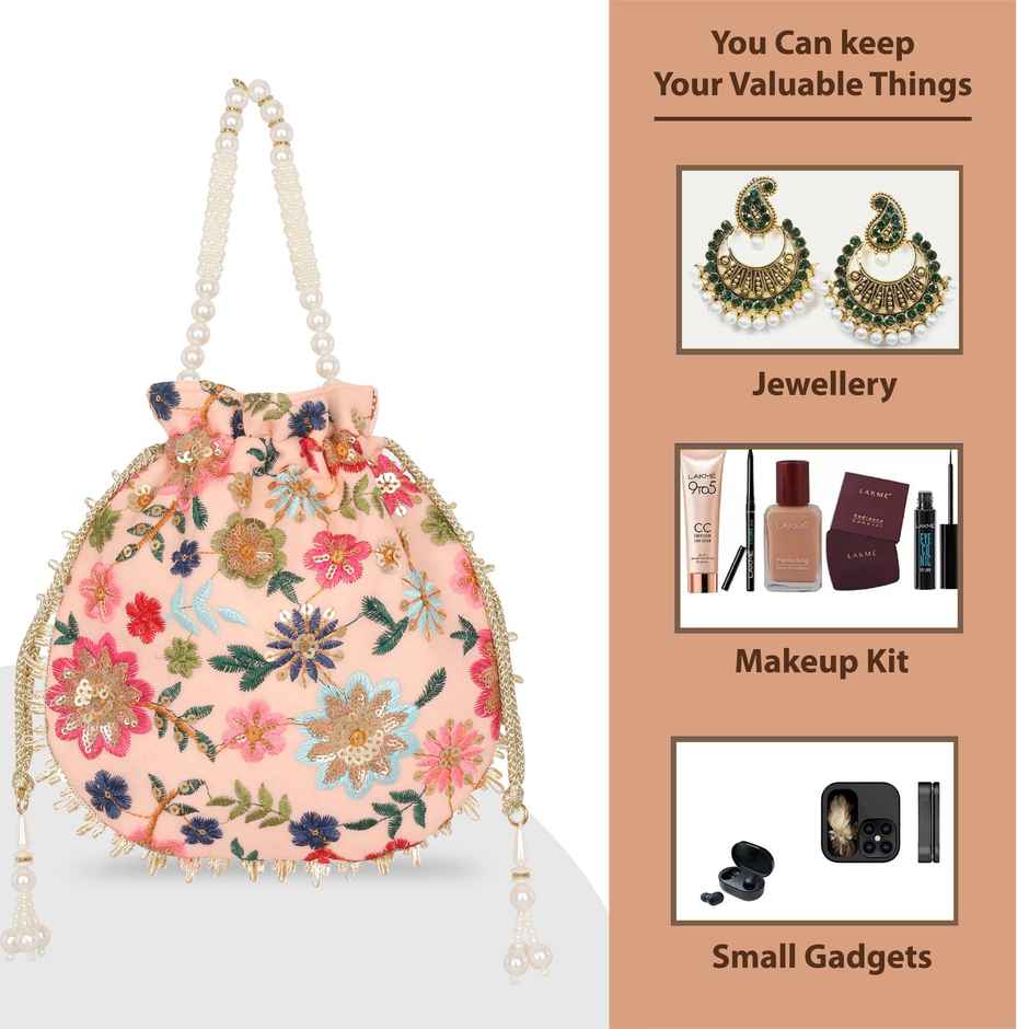 Lavie Women's Jiya Floral Embroidered Potli | Small | Light Pink