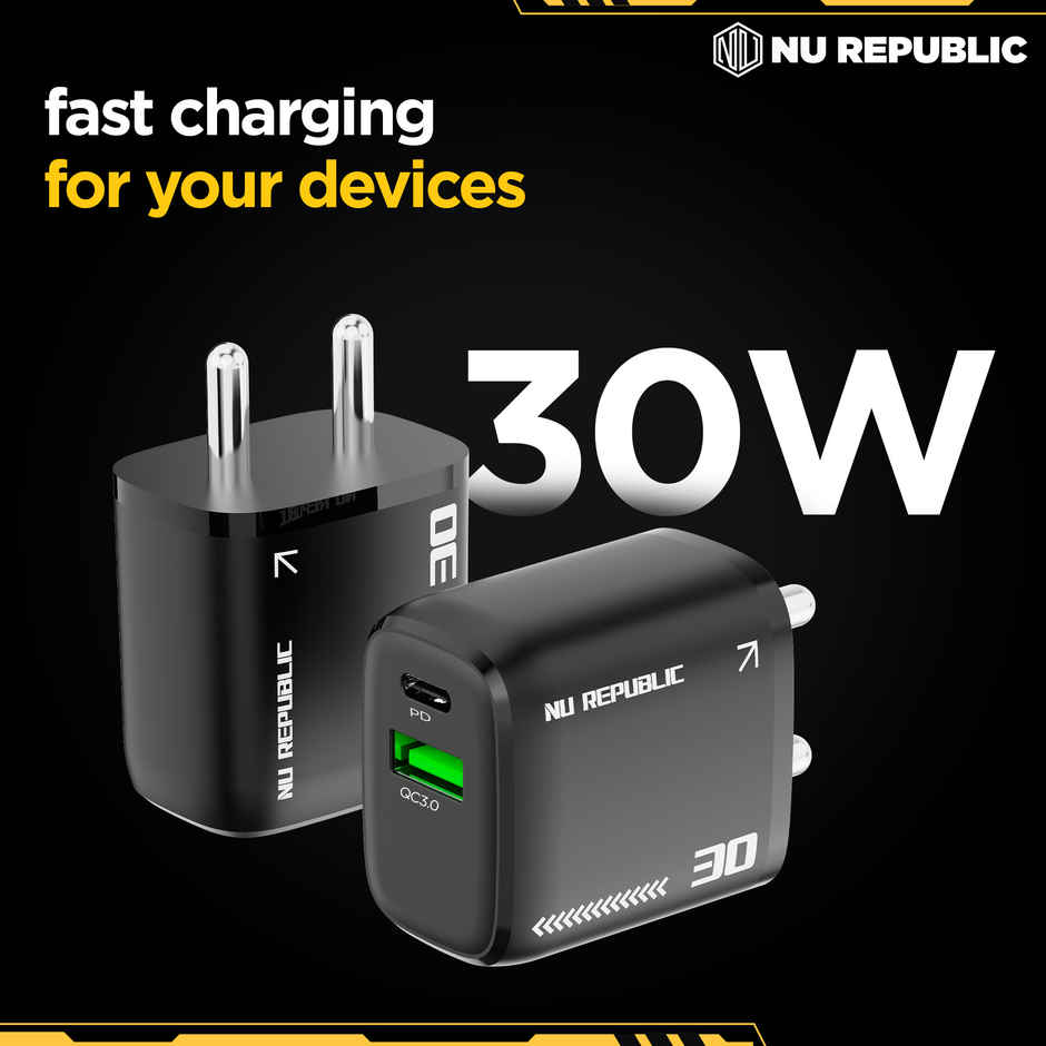 Nu Republic 30 W GaN 4 A Dual Port Mobile Charger with Detachable Cable - Black