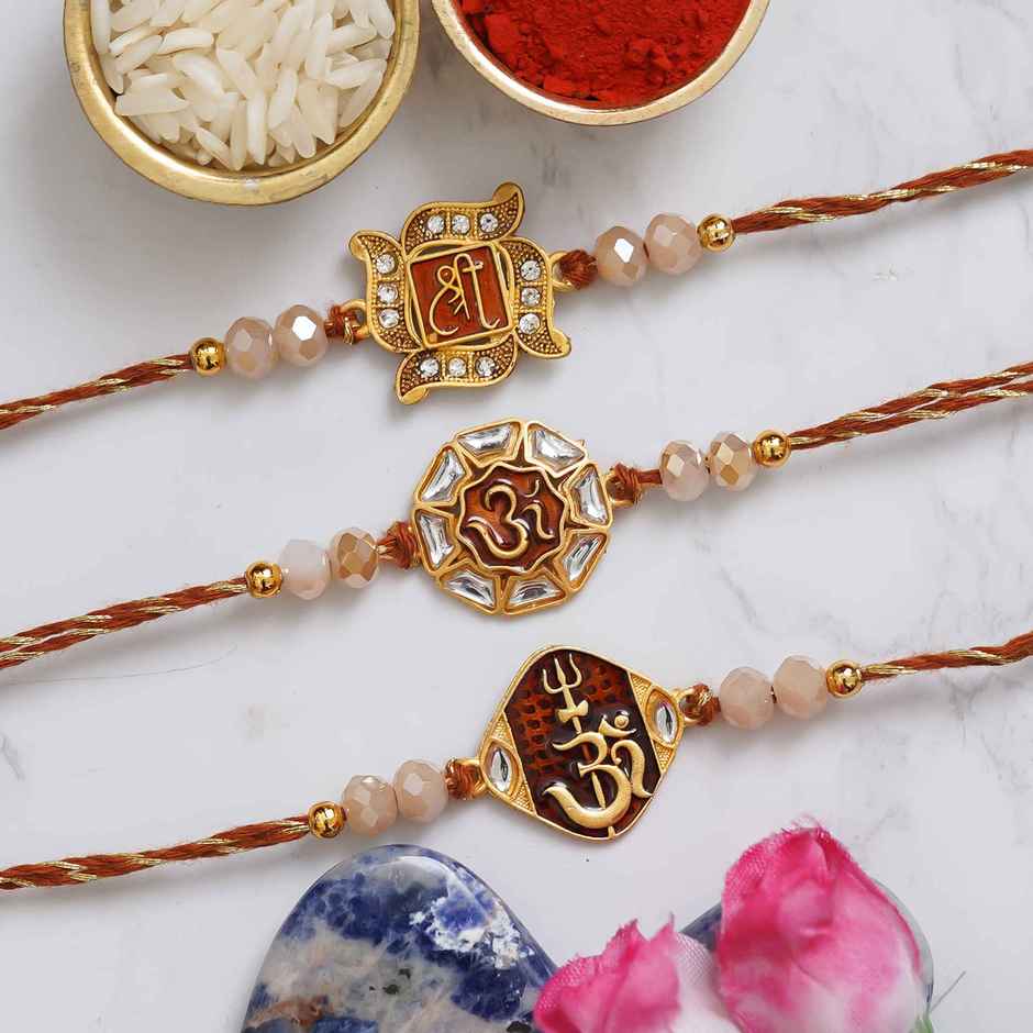 Shri Om Trishul Damru Rakhis with Roli Chawal | Brother Gift | Religious Rakhi | Pack of 3 | Ecraftindia