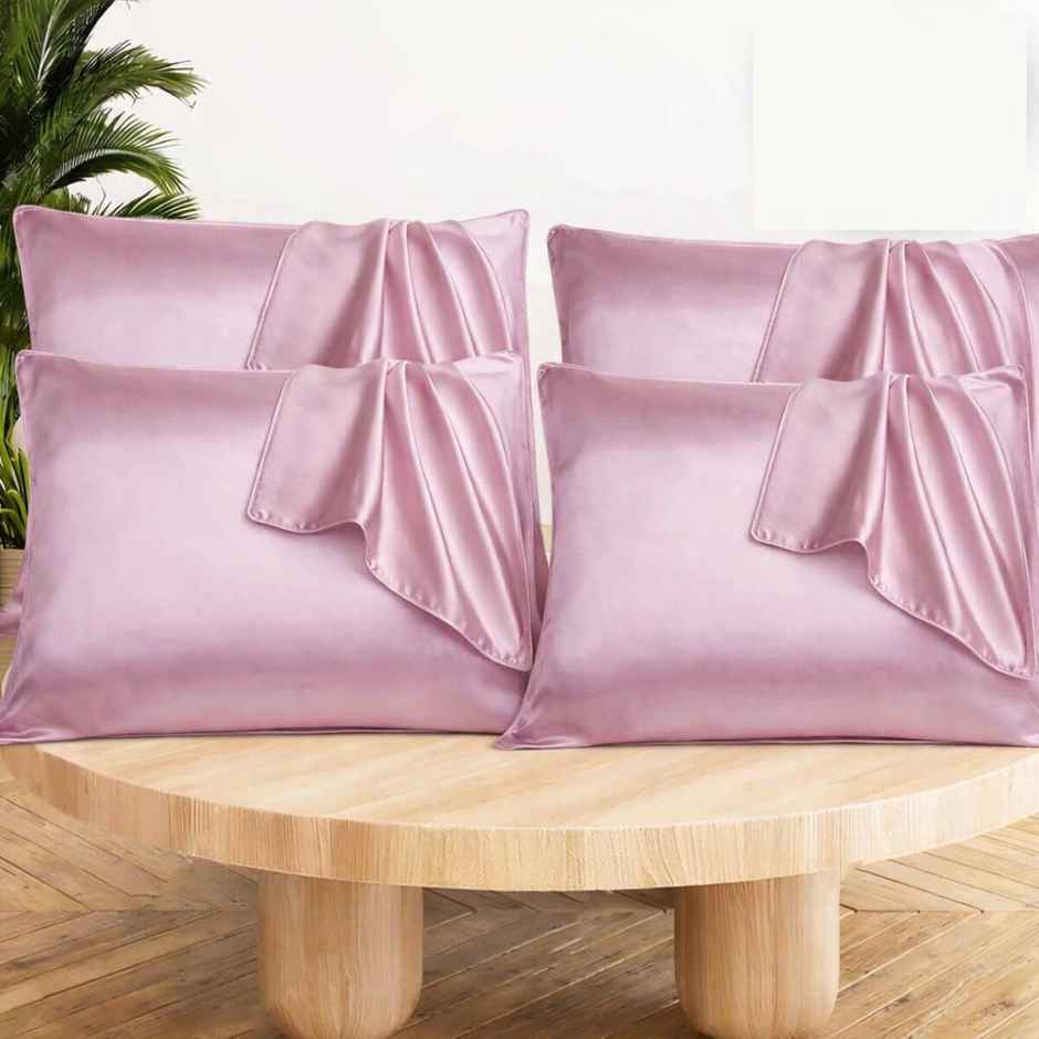 Casacraft by Pepperfry Pink Solid 400 TC Silk 4 Pillow Covers With 6 Scrunchies Free