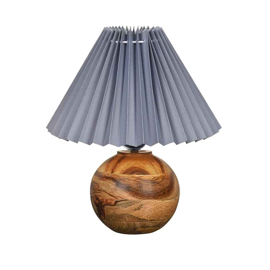 Homesake Rustic Round Wooden Table Lamp with Pleated Grey Shade | Nordic Bedside & Living Room Light