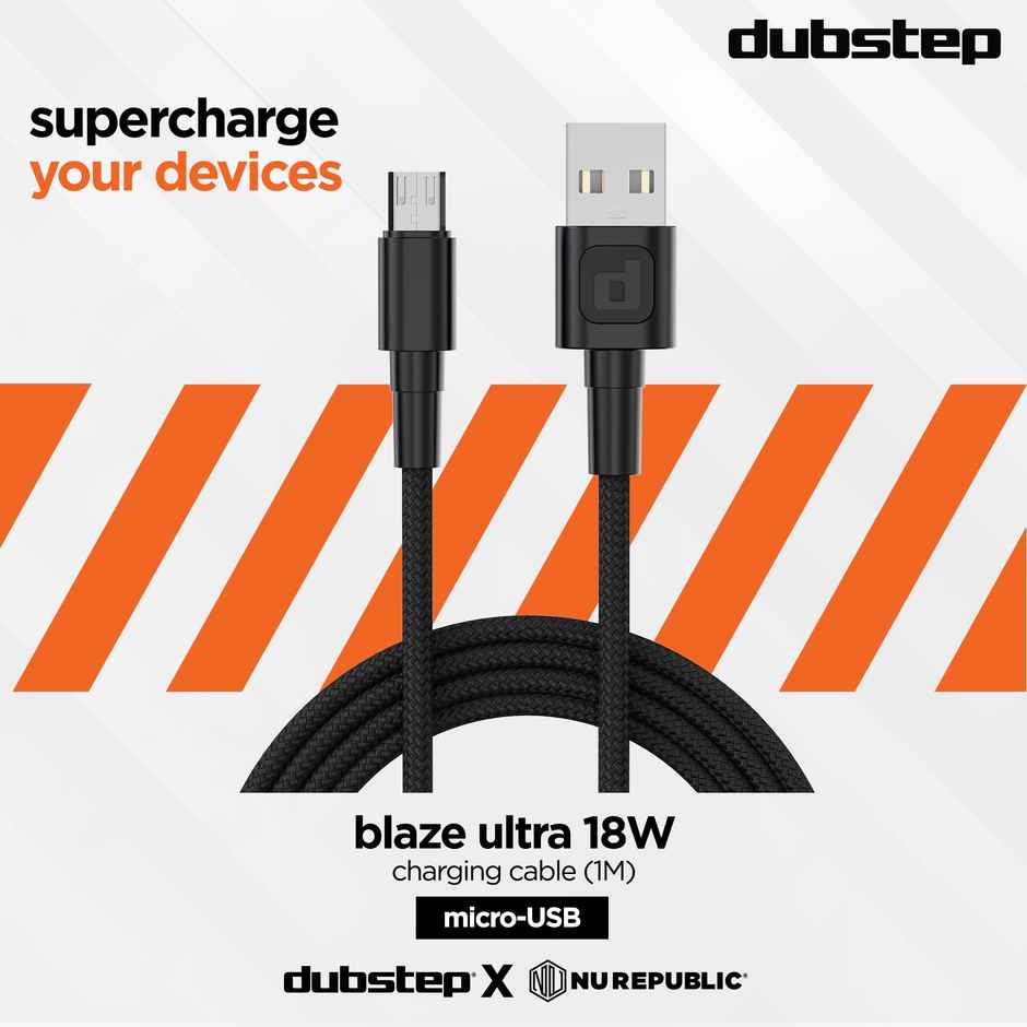 Dubstep Blaze Ultra 18W Micro USB Tangle Free 3.1A Unbreakable Rugged & Nylon Braided Charging Cable - Black