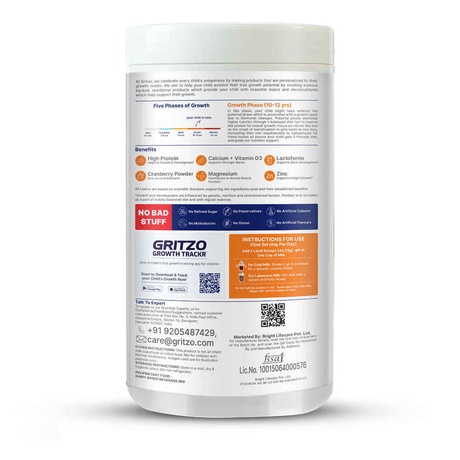 Gritzo Super Milk Growth+ | 10-12y Girls | 12g Protein Powder | Double Chocolate