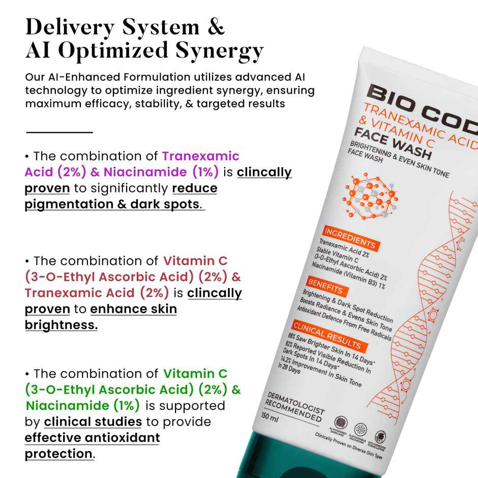 Bio Code Tranexamic Acid & Vitamin C Face Wash - Brightening & Even Tone | AI-Enhanced Formula