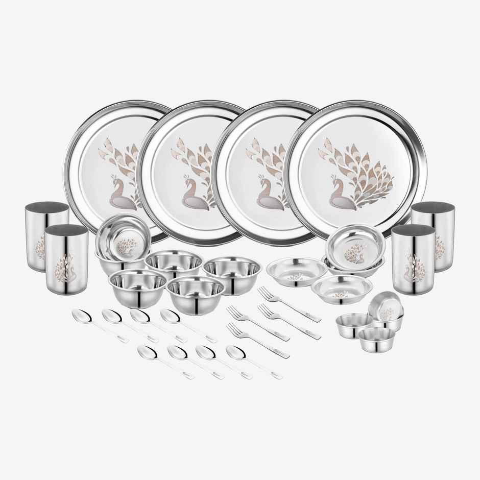 Classic Essentials Heavy Gauge Stainless Steel Permanent Laser Design Peacock 32 Pieces Dinner Set