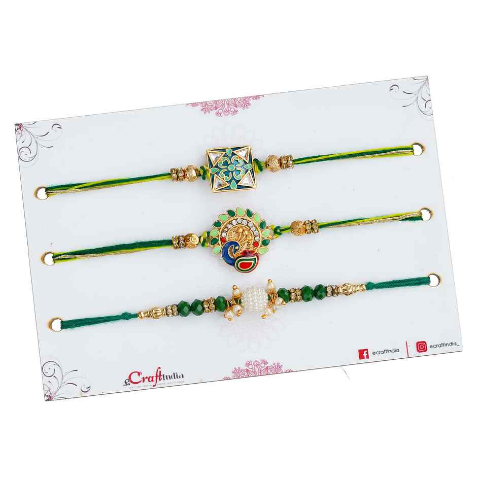 Rakhi for Brother | Peacock, Flower, Beads & Pearls | Stone | Includes Roli Chawal | Pack of 3 | Ecraftindia