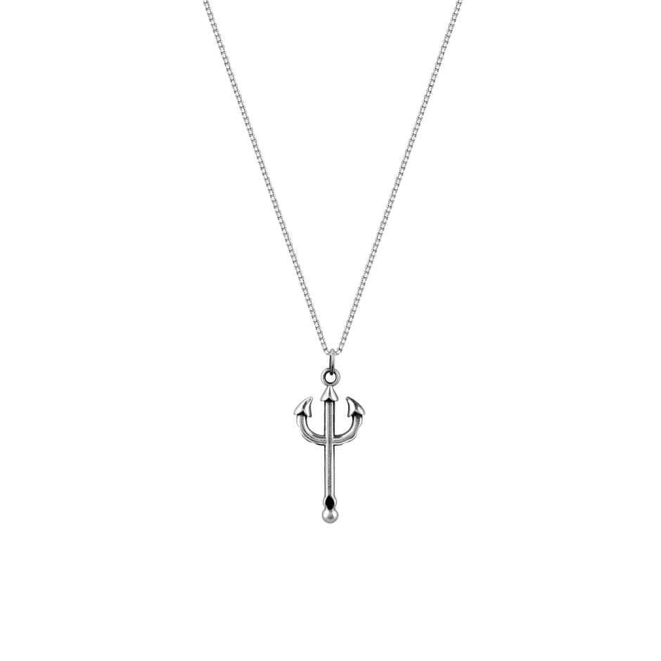 Giva Oxidised Silver Trident Pendant With Box Chain For Him