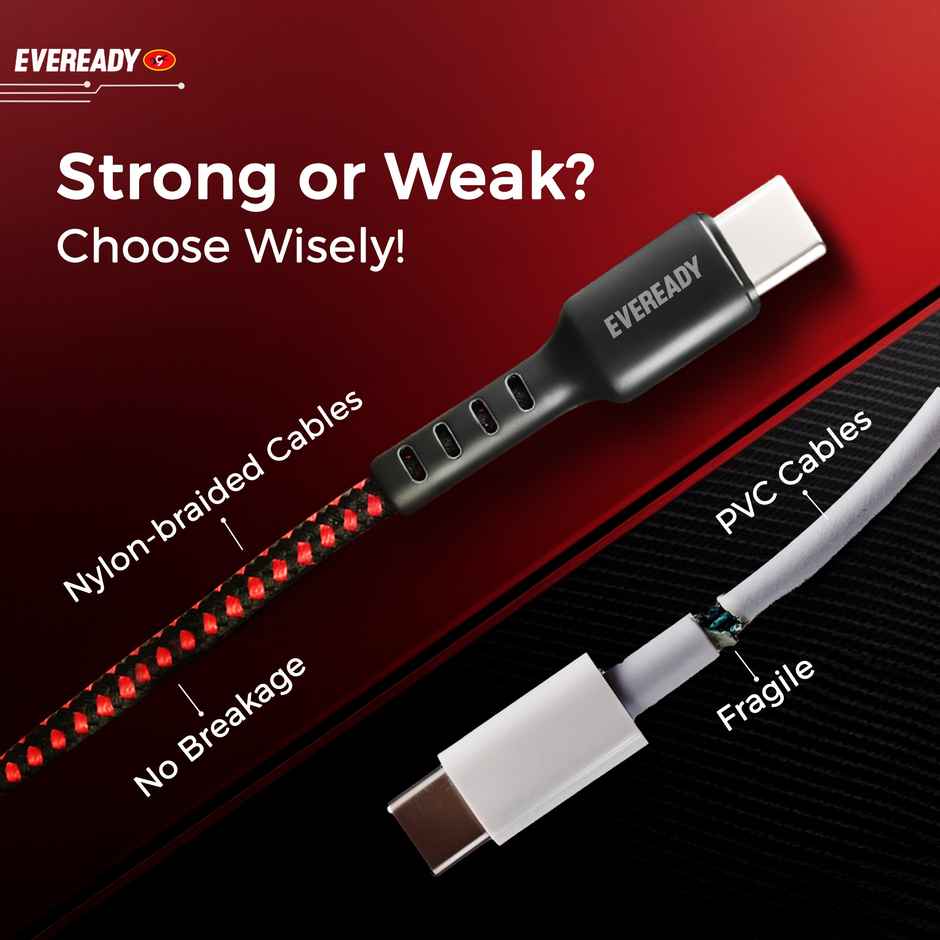 Eveready Nylon Braided Charging Cable | 60W | Type A to Type C | 1.5 m Length | 3A