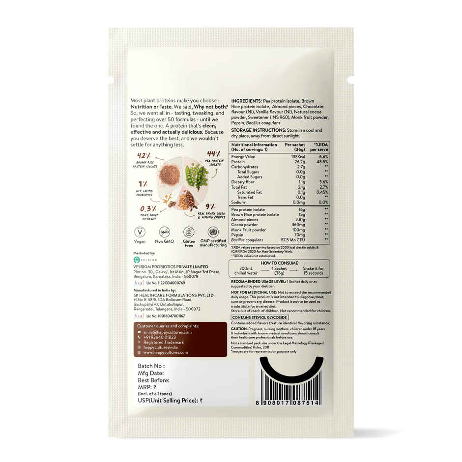 Happy Cultures 26g Plant Protein| Real Ghana Cocoa | Pea & Brown Rice Protein Isolate