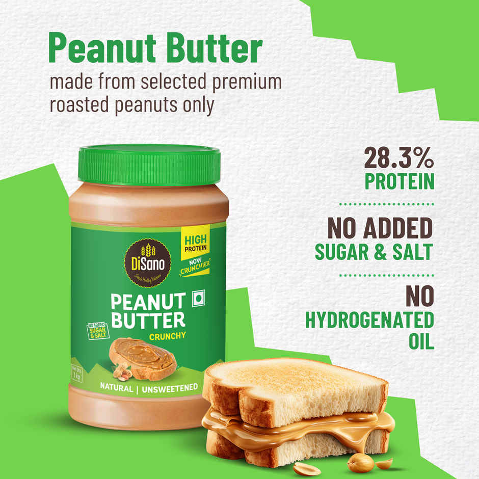 DiSano Natural Peanut Butter - Crunchy, Unsweetened, 28.3% Protein, No Added Sugar, Peanut