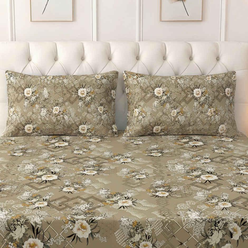 Raymond Home 120 GSM Hazel Floral Double Bedsheet with 2 Pillow Covers Beige