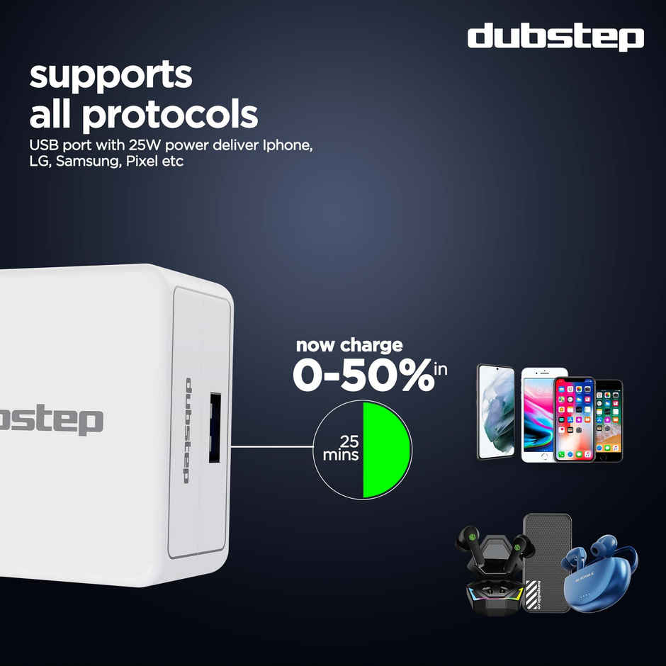 Dubstep Sprint All-in-one 25W 5A Charger with Type-C Cable Supports All Fast Charging Technologies (Cable Included) - White, Red