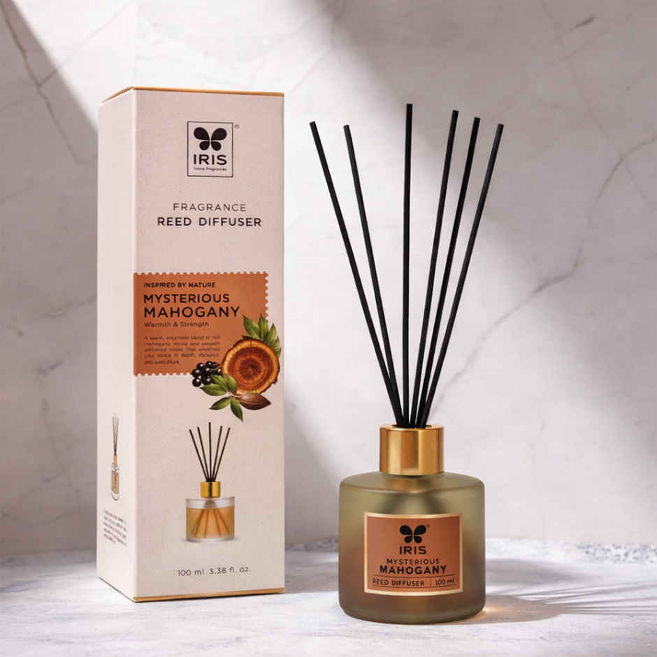 IRIS Mysterious Mahagony Frosted Glass Reed Diffuser Set | Oil and 5 Fibre Reed sticks