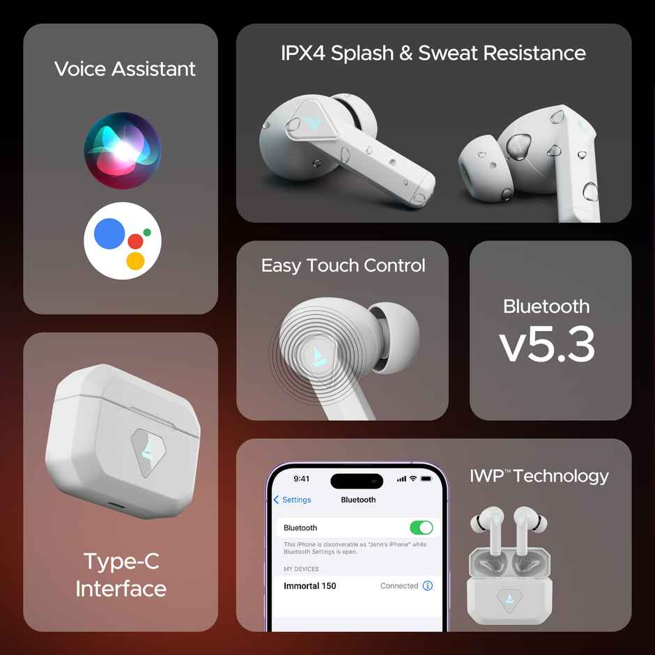 boAt Immortal 150 TWS Earbuds with Beast Mode(40ms Low Latency), 40 HRS Playback & ENx Technology Bluetooth - White Sabre