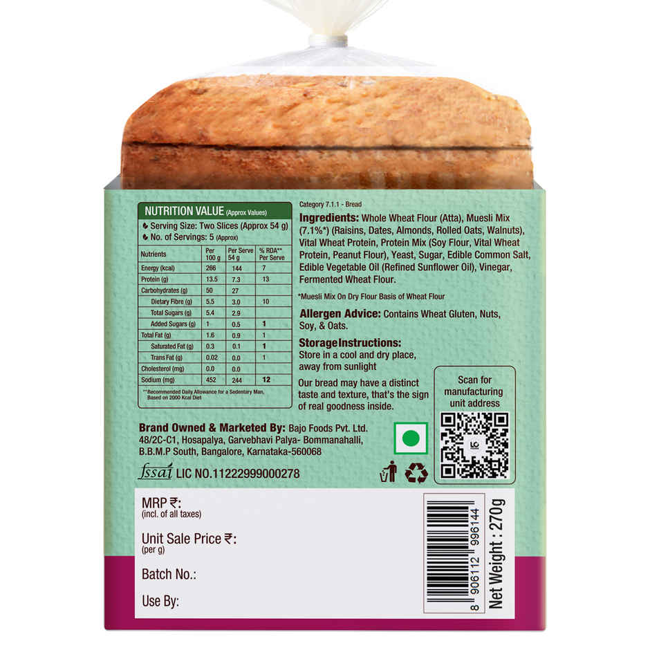 Protein Chef High Protein Muesli Bread | 36g Protein /No Maida High Fiber Bread