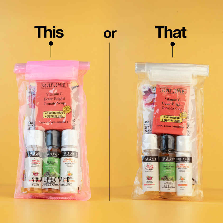 Soulflower Travel Kit | Nourishing Hair Oil, Shampoo, Soap, Body Lotion, Waterproof Mobile Pouch