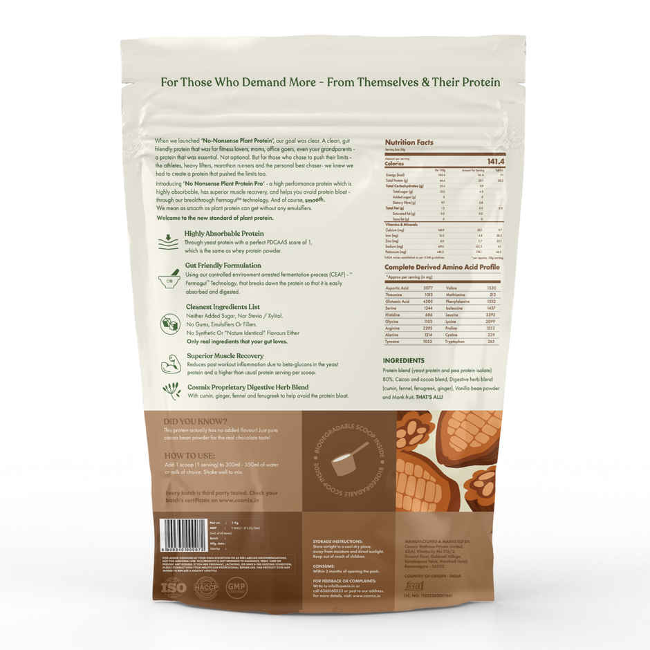 Cosmix No Nonsense Fermented Yeast Protein Pouch | Indonesian Cacao Chocolate | 26 g Protein