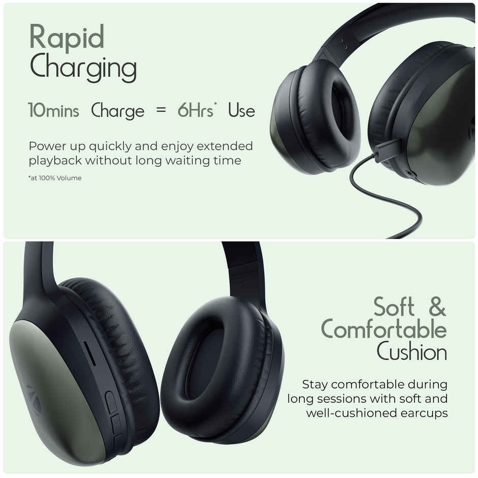 Zebronics Thunder Pro BT Headphone, Gaming Mode, ENC, Call Function, Aux, mSD, 60h (Olive Green)
