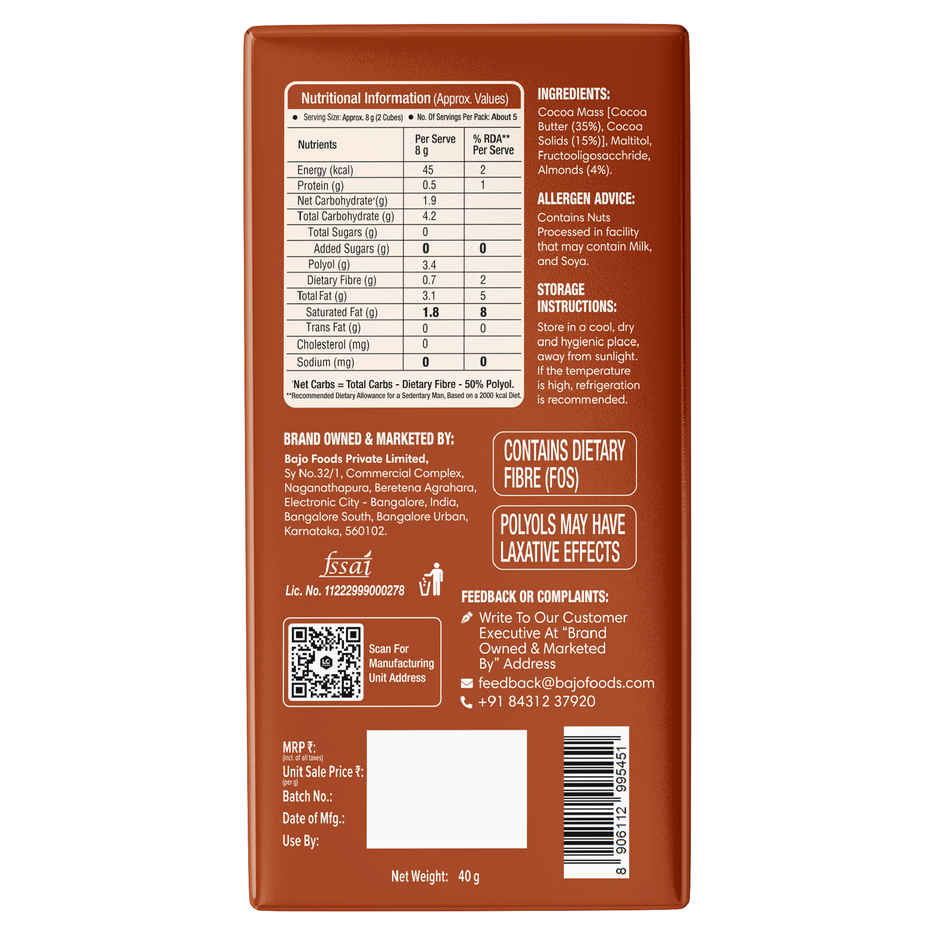 Lo Foods Almond Sugar Free Dark Chocolate Bar | Premium Cocoa Butter Healthy Chocolate