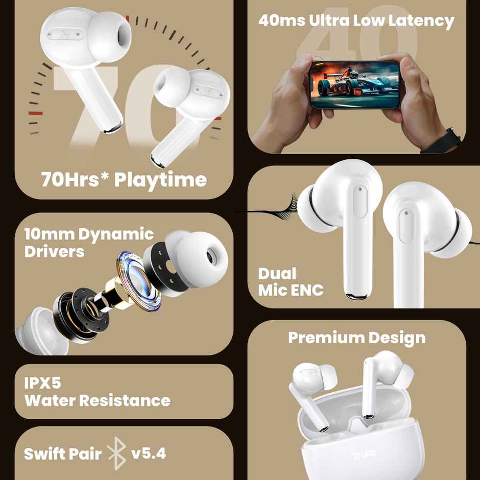 Truke Elite Truly Wireless Earbuds with 70h Playtime | ENC | Fast Charge - White
