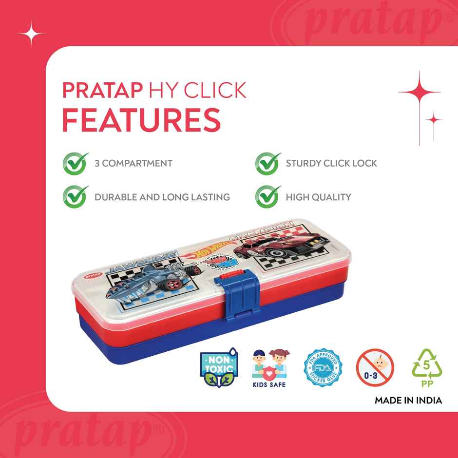 PRATAP Hy Click Pencil Box with 3 Compartment with Clip Lock | Red & Blue, Hot Wheels