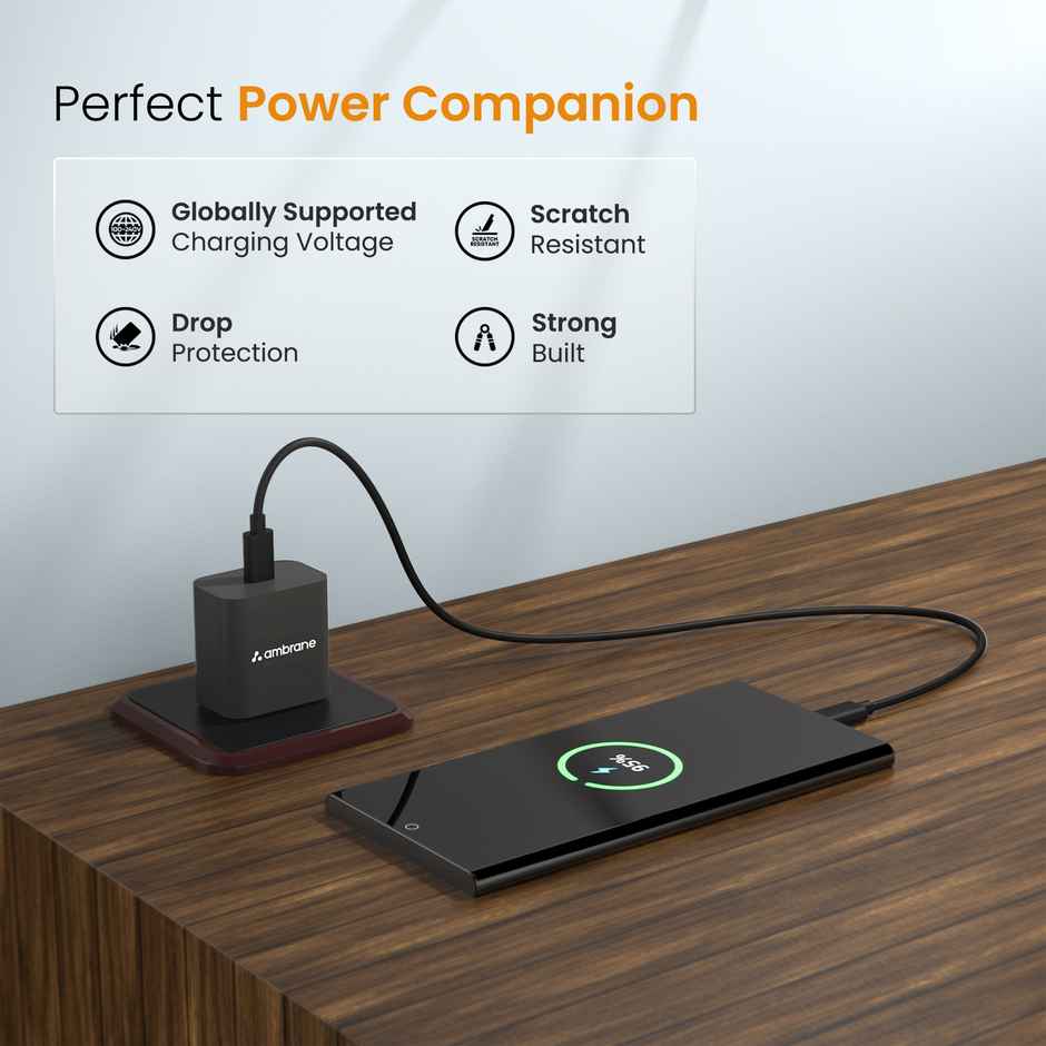 Ambrane 20W Type C Mobile Charger Adapter with Type-C to Type-C Charging Cable- White