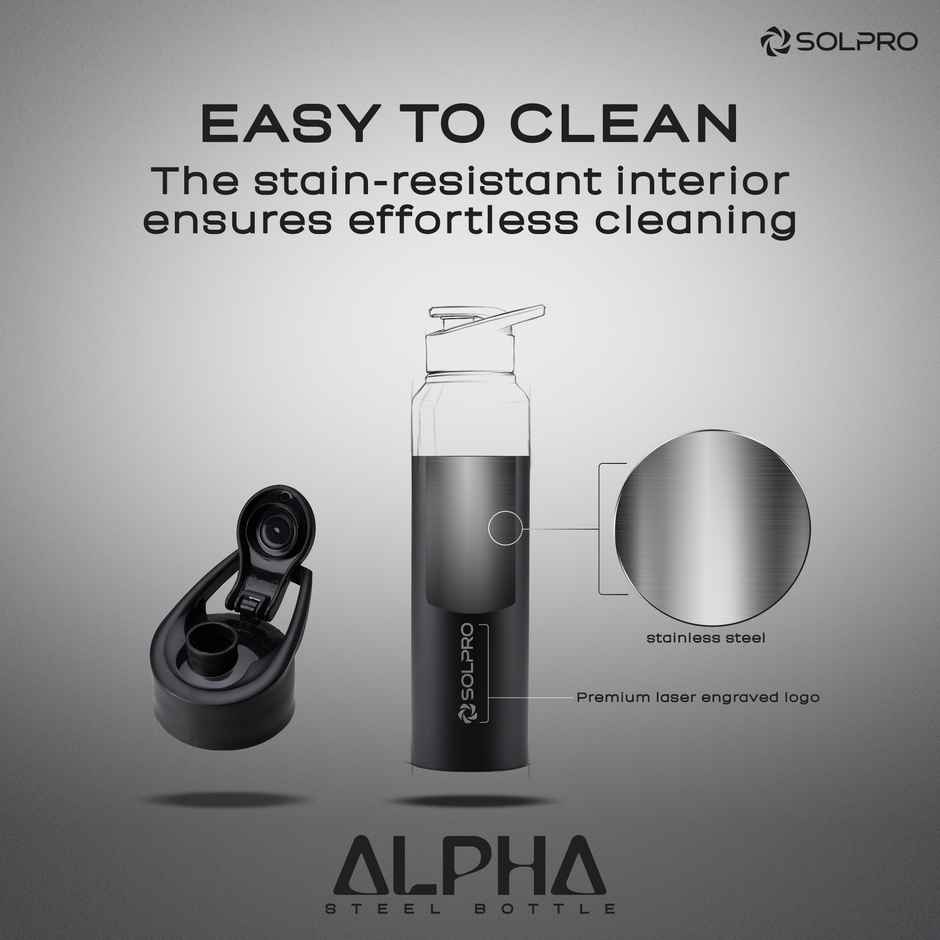 Solpro Alpha Stainless Steel Water Bottle | Gym Bottle | Odor & Bpa Free | 1 L | Black