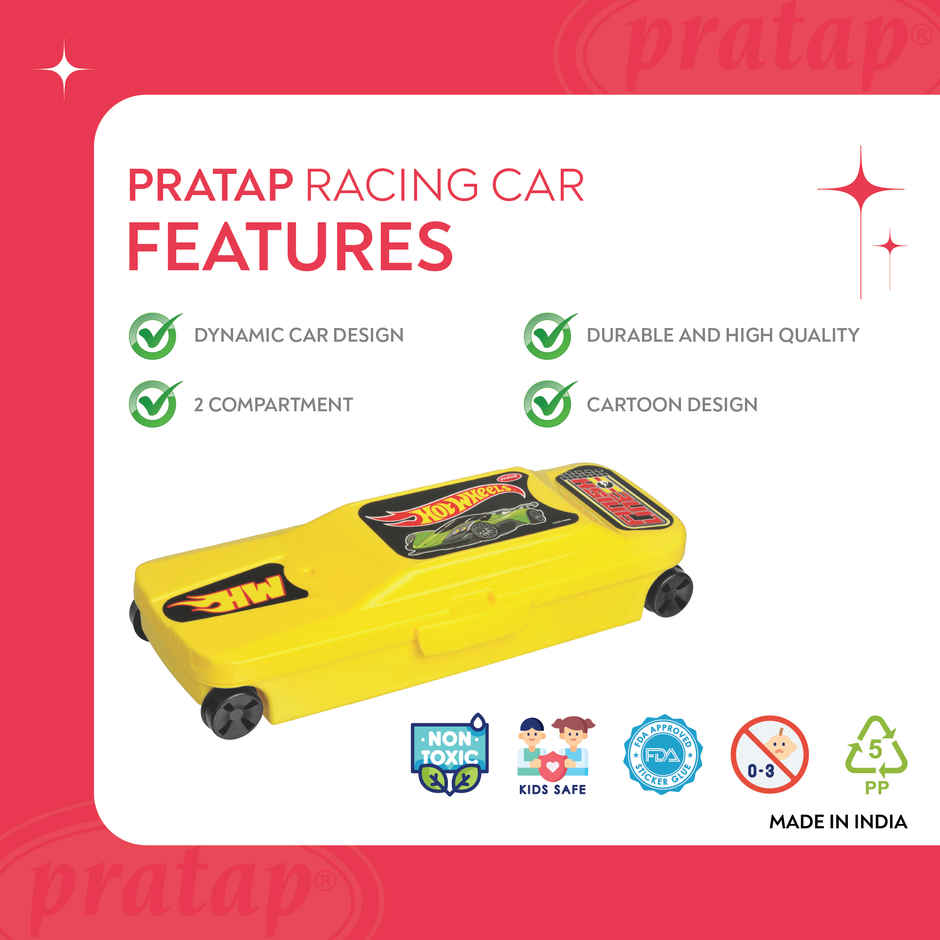PRATAP Racing Car Pencil Box with Wheels | 2 Compartment | Yellow | Hot Wheels