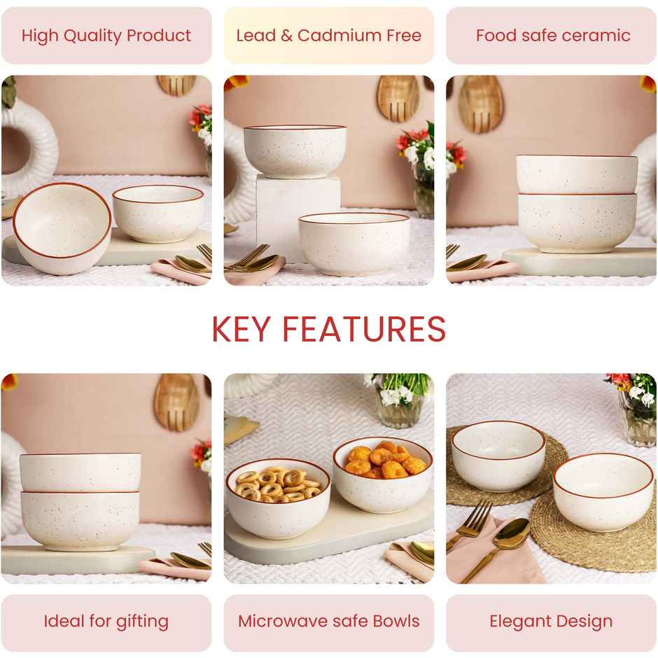 The Earth Store White Marble 2Pc Ceramic Bowl Gift Set, 500 ml Each Microwave Safe, Snack Serving
