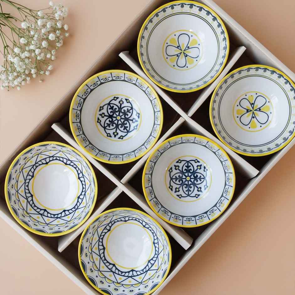 The Earth Store Yellow Floret Ceramic Bowl Set | Microwave & Dishwasher Safe | 300 ml