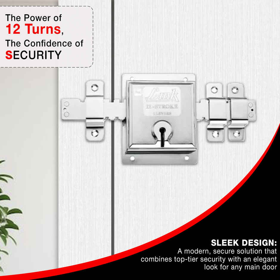 Link 12-Turn Main Door/Shutter Lock with 2 Keys - Heavy-Duty | 106x135mm Silver