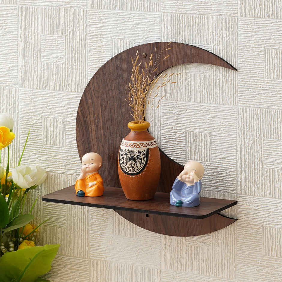 eCraftIndia Brown Moon Shape Designer Wooden Wall Shelf