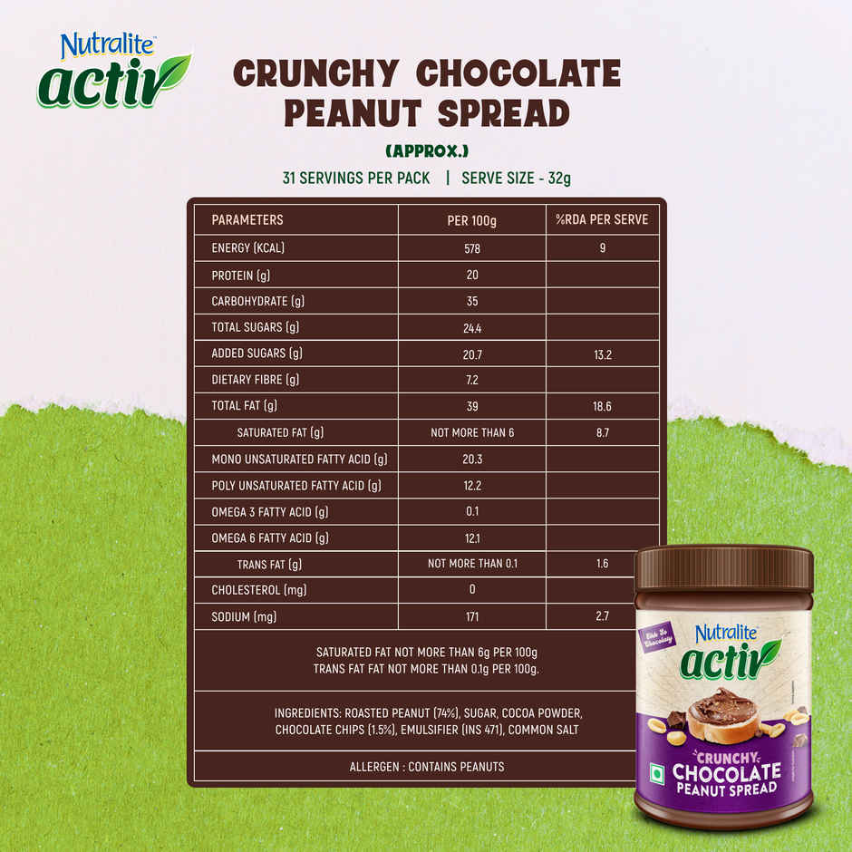 Nutralite Activ Peanut Spread | Chocolate Crunchy | 20g Protein per 100g