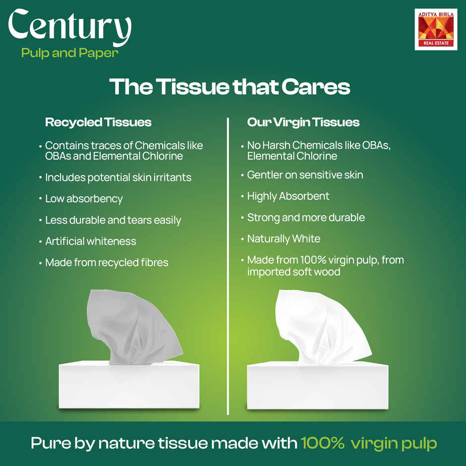 Century 2 Ply 100% Virgin Pulp Face Tissue - 200 Pulls Per Roll | Pack of 4