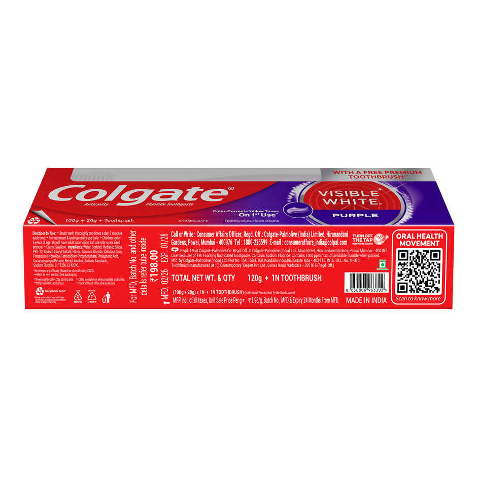 Colgate Visible White Purple Toothpaste and Free Toothbrush | Removes Surface Stains | Enamel Safe
