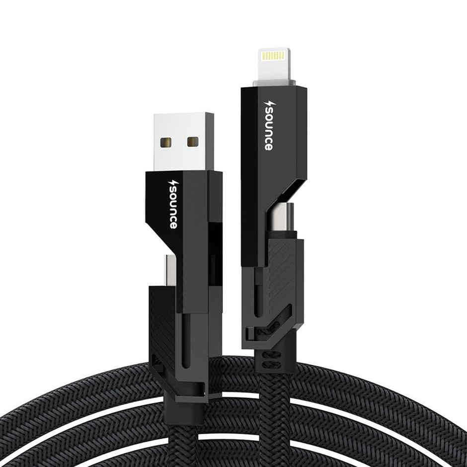 Sounce 4-in-1 Black 66W Metal Flat Braided Fast Charging Cable | 1.5 m, (Black)