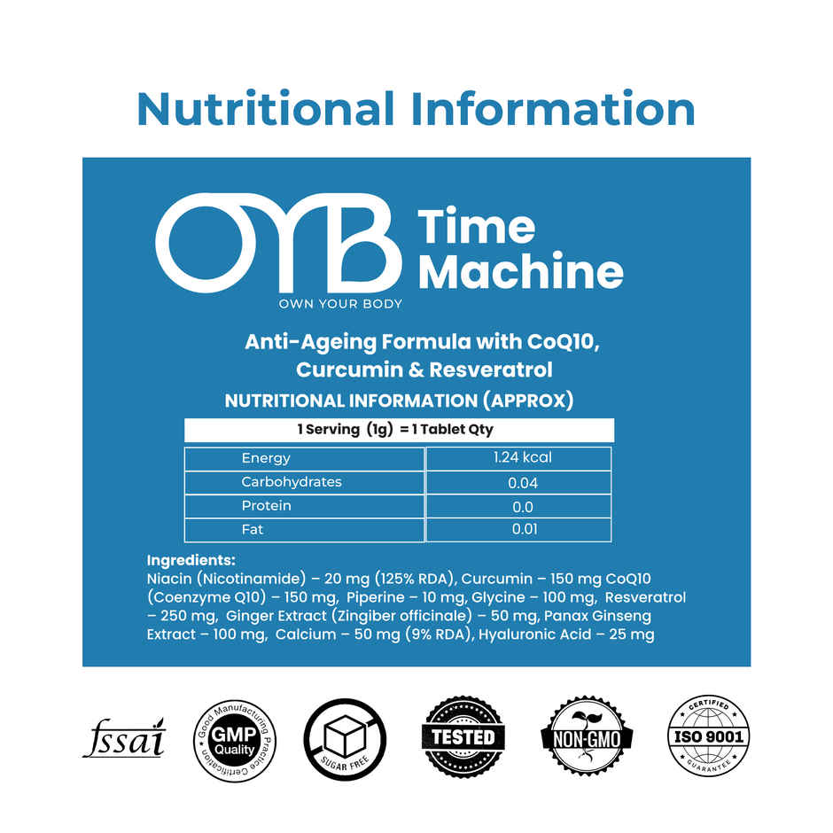 OYB Anti-Ageing Formula with CoQ10, Curcumin & Resveratrol | 30 Tablets | OYB Time-Machine