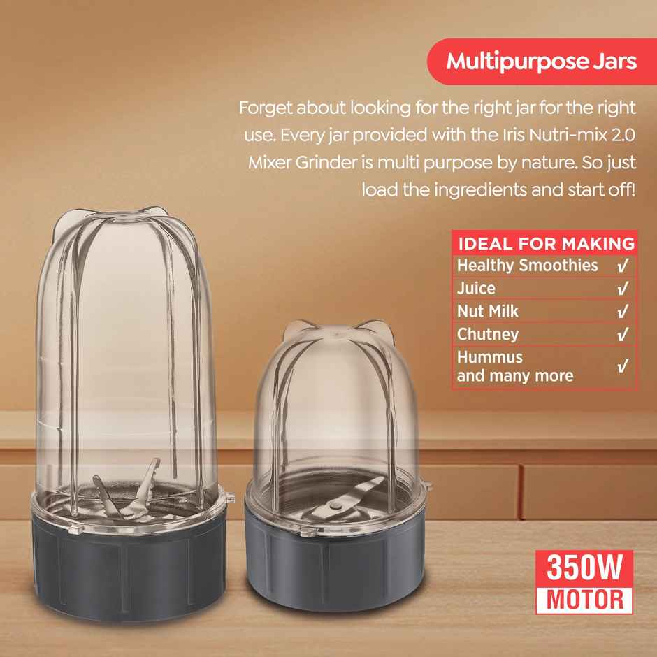 Prestige Nutri-Mix 2.0 Mixer Grinder, 350W, Dual Safety Inter-Lock System, 1Y Warranty, Black & Grey