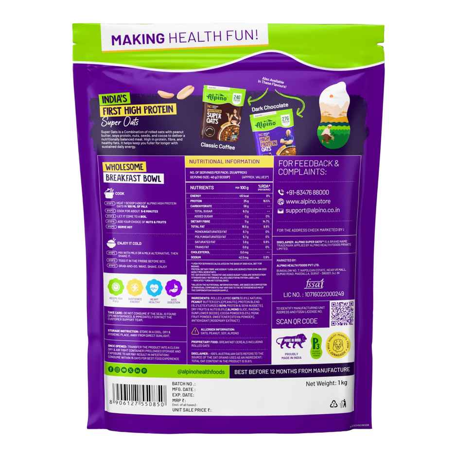 Alpino 25g High Protein Super Oats Chocolate with Almonds & Raisins | No Added Sugar & Salt