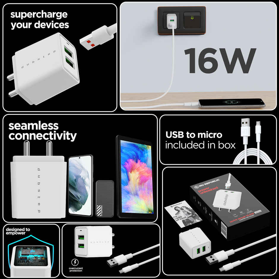 Dubstep Sprint 16W 3.1A Dual USB Port Superfast Charger Adapter (with Cable USB A To Micro USB) - White