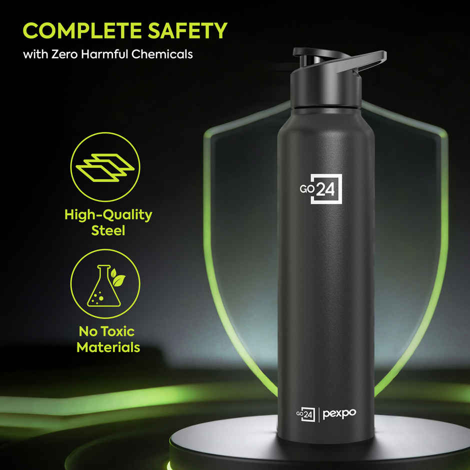Go24 | Pexpo Stainless Steel Chromo Sports/Fridge Sipper Water Bottle | Knight Black | 1 L