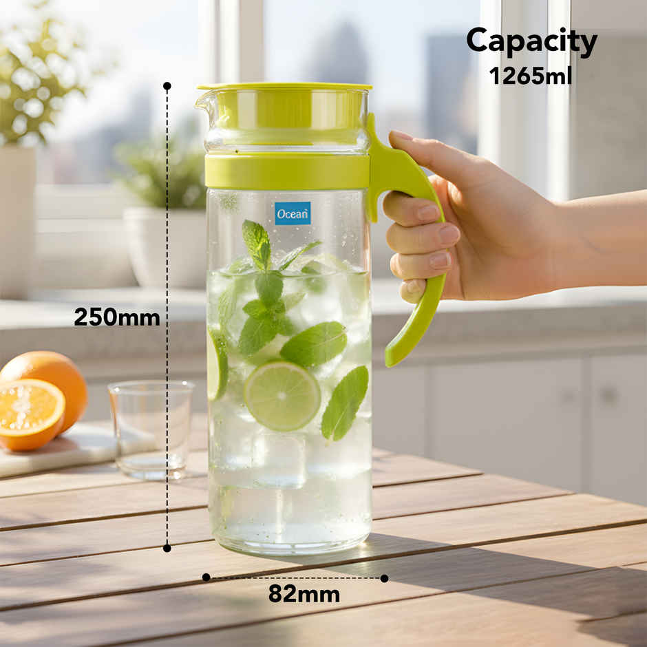 Ocean Patio Pitcher Water Glass Jug | 1.265 L | Transparent | Green Lid