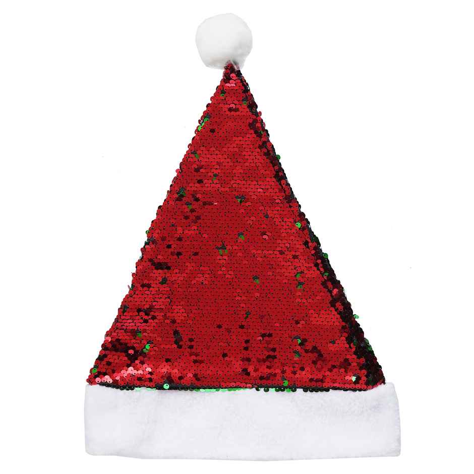 eCraftIndia Red and Green Flip Sequin Fancy Christmas Santa Hat -Santa Claus Cap Christmas Party