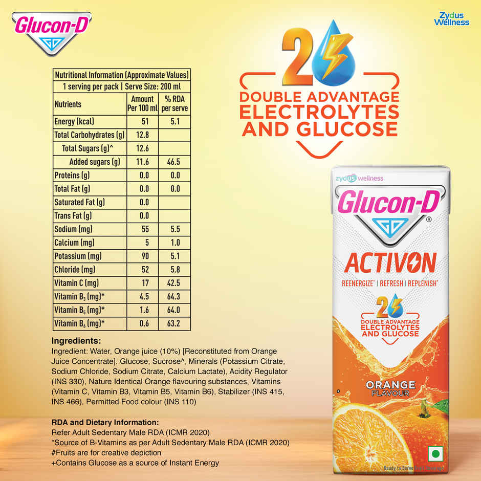 Glucon-D Activon Electrolyte Energy Drink | Orange Flavour