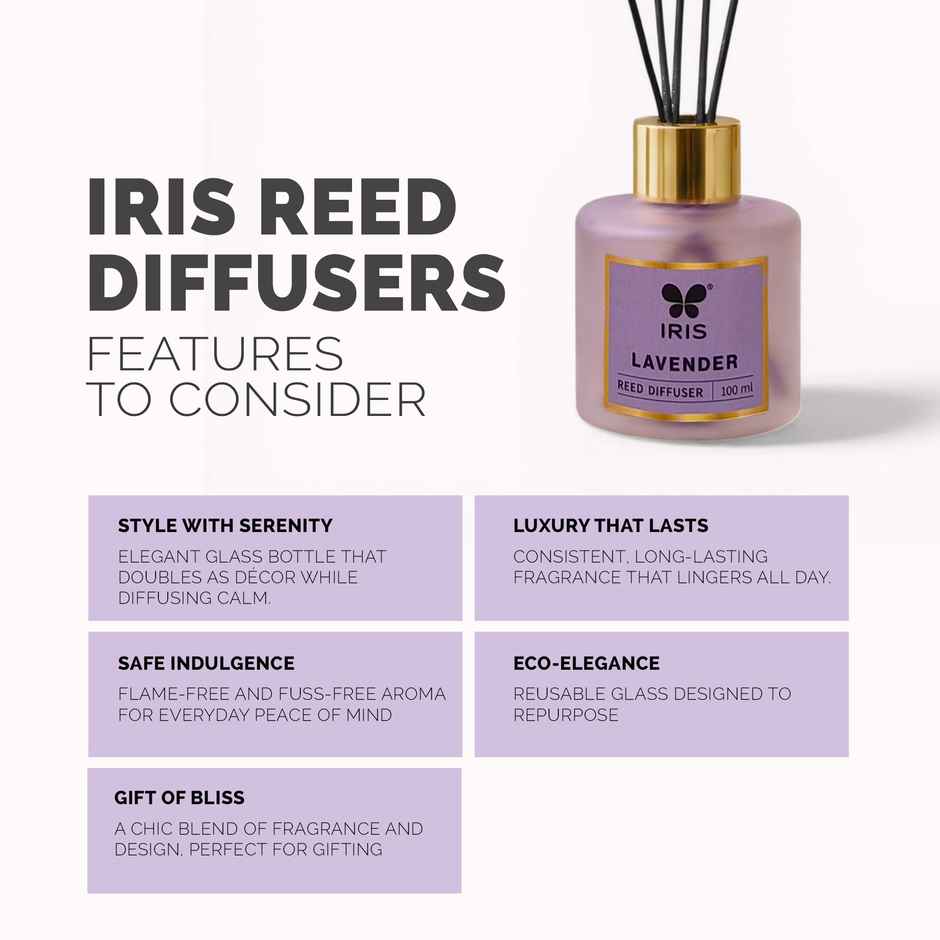 IRIS Lavender Frosted Glass Reed Diffuser Set | Oil and 5 Fibre Reed sticks